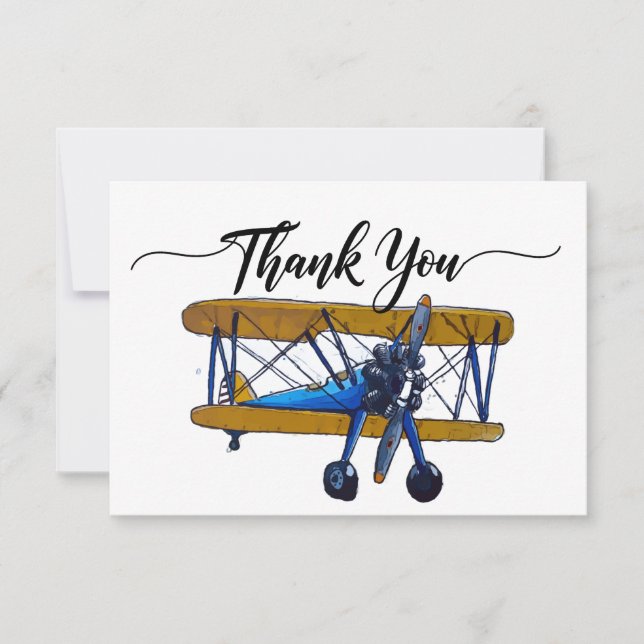 Boys birthday party with yellow and blue biplane thank you card (Front)