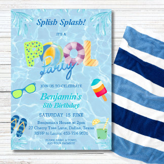 Boys Birthday Splish Splash Pool Party Invitation
