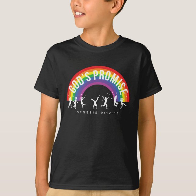 Boy's Black T-Shirt Rainbow God's Promise w/Kids (Front)