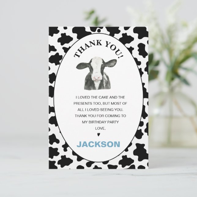 Boys Black White Cow Print Birthday Thank You Card (Standing Front)