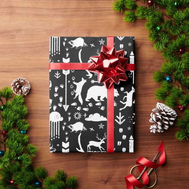 Boys Black & White Forest Animal Tracks Arrows Wrapping Paper (Holiday Gift)