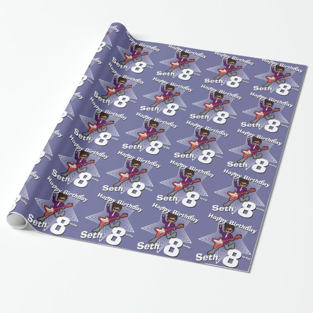 Boys blue add your name 8th birthday rockstar wrap wrapping paper (Unrolled)