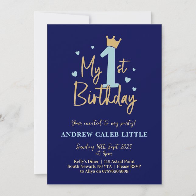 Boys blue and gold first birthday invitation (Front)