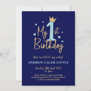 Boys blue and gold first birthday invitation
