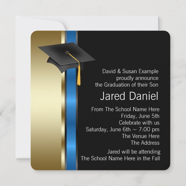 Boys Blue and Gold Photo Graduation Announcements (Back)