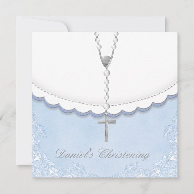 Boys Blue and Grey Christening Invitations (Front)