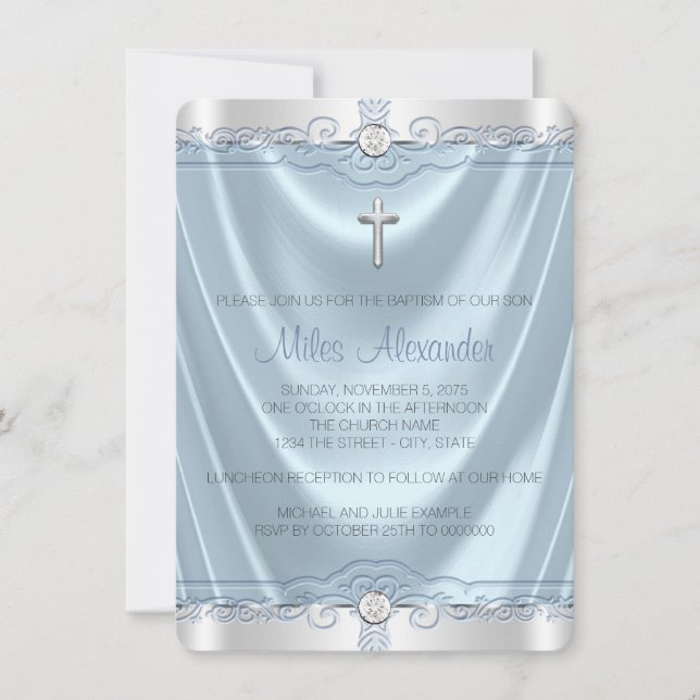 Boys Blue and Silver Baptism Christening Invitation (Front)