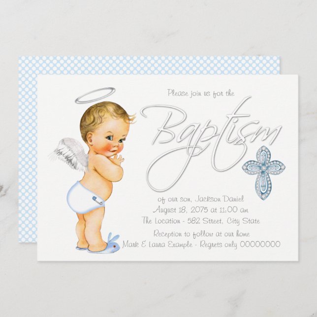 Boys Blue Angel Baptism Invitation (Front/Back)