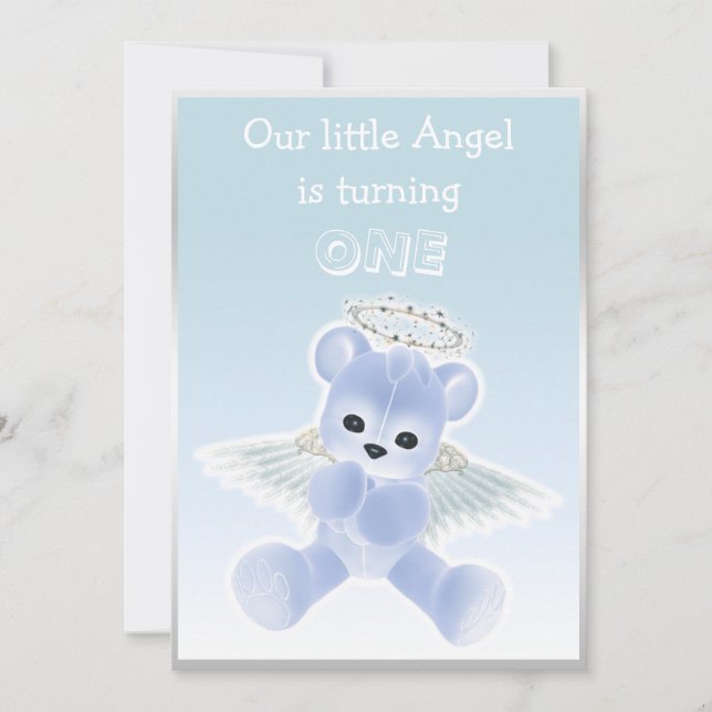 Boy's Blue Angel Teddy Bear First Birthday Party Invitation (Front)