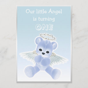 Boy's Blue Angel Teddy Bear First Birthday Party Invitation