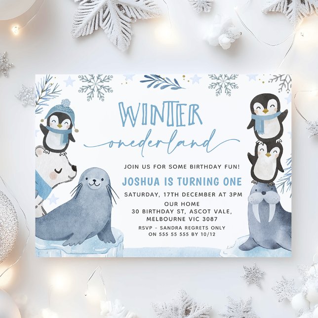 Boys Blue Arctic Winter Onederland 1st Birthday Invitation (eWinter Onederland 1st Birthday Invitation Boy, Arctic Animals 1st Birthday Invitation Boy Blue)