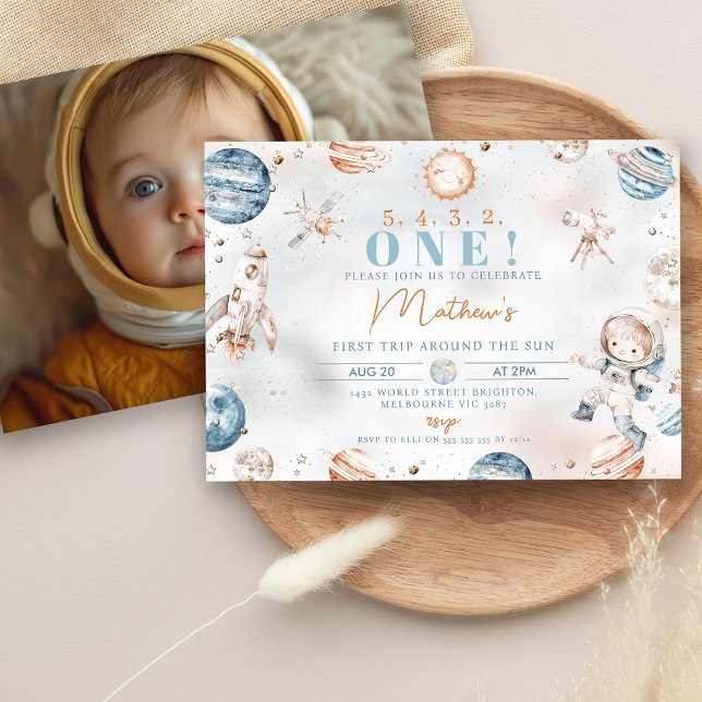 Boys Blue Astronaut First Trip Around Sun Birthday Invitation (Boys First Trip Around the Sun 1st Birthday Invitation Photo on the Back  Cute Astronaut Outer Space)