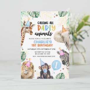 Boys Blue Balloon Safari party Animals Birthday Invitation