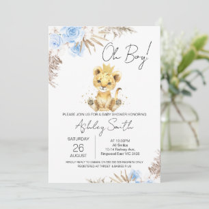 Boys Blue Boho Floral Lion Baby Shower Invitation