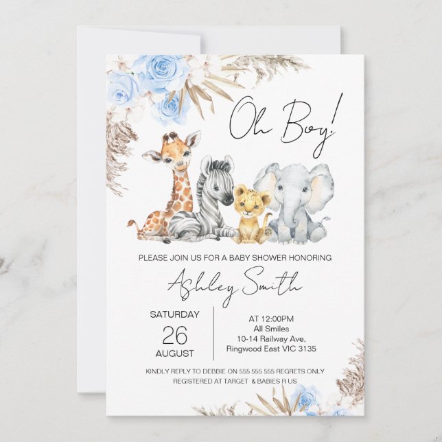 Boys Blue Boho Floral Safari Baby Shower Invitation (Front)