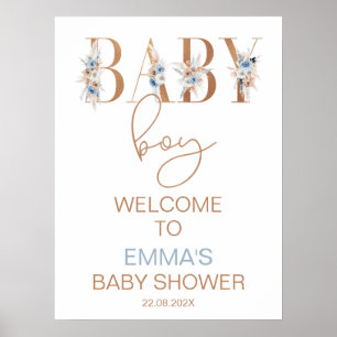 Boys Blue Boho Floral Word Baby Shower Welcome Poster