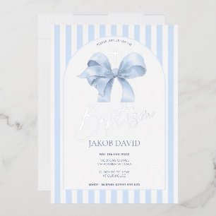 Boys Blue Bow and Stripe Baptism Invitation