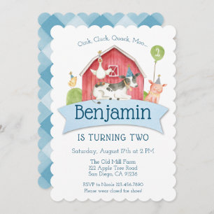 Boys Blue Check Farm Birthday Party Invitation