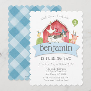 Boys Blue Check Farm Birthday Party Invitation