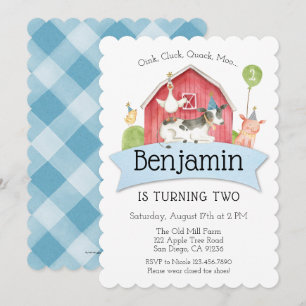 Boys Blue Check Farm Birthday Party Invitation
