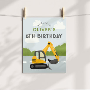 Boys Blue Construction Kids Birthday Welcome Sign