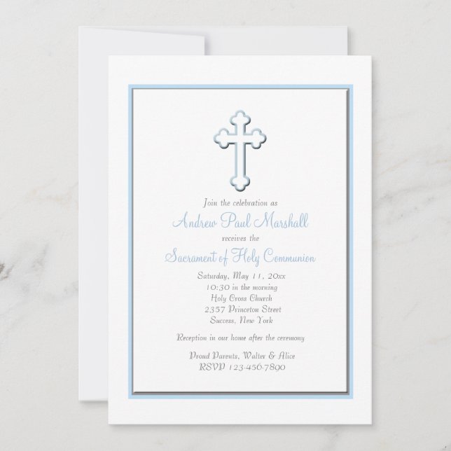 Boy's Blue Cross Religious Invitation (Front)