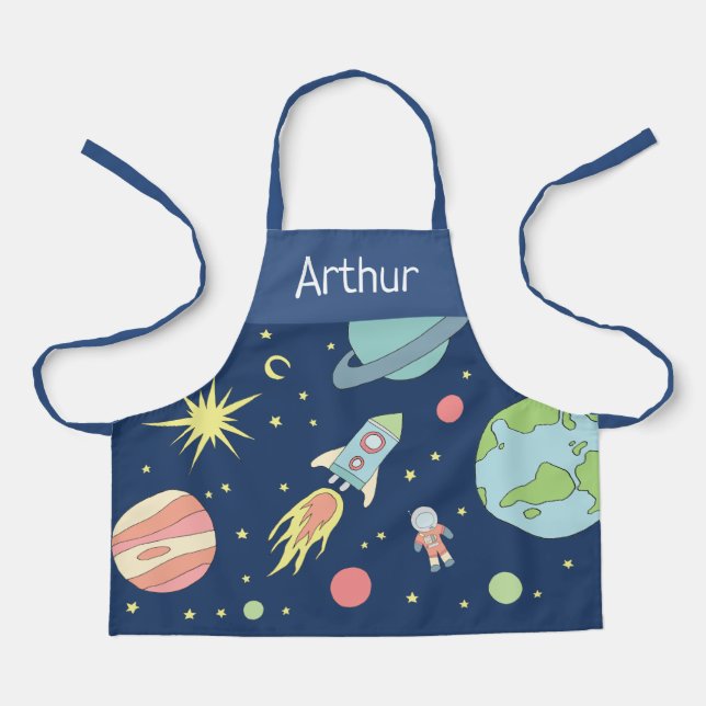 Boys Blue Cute Space Rocket Ship and Name Apron (Front)