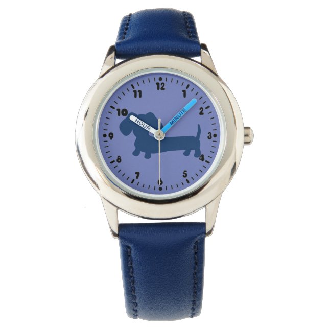 Boys Blue Dachshund Leather Wiener Dog Watch (Front)