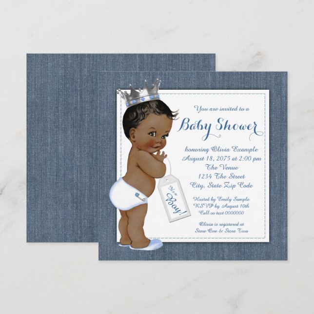 Boys Blue Denim African American Baby Shower Invitation (Front/Back)