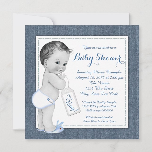 Boys Blue Denim Baby Shower Invitation (Front)