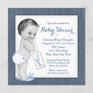 Boys Blue Denim Baby Shower Invitation