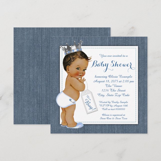 Boys Blue Denim Ethnic Baby Shower Invitation (Front/Back)