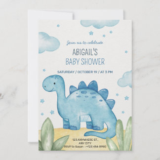 Boys Blue Dinosaur Baby Shower Invitation