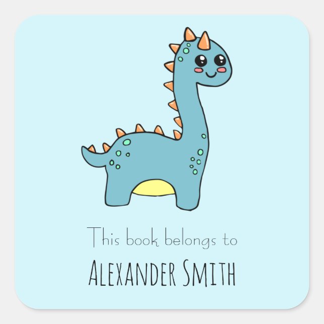 Boys Blue Dinosaur This Book Belongs Name Square Sticker (Front)