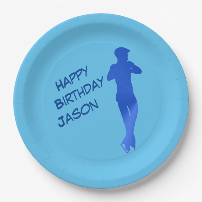 Boys Blue Figure Skating Birthday Party Plates (Front)