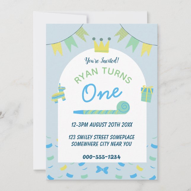 Boys Blue First 1st Birthday Party Invitation (Front)