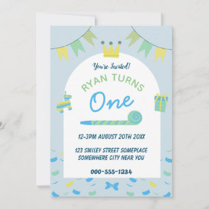 Boys Blue First 1st Birthday Party Invitation