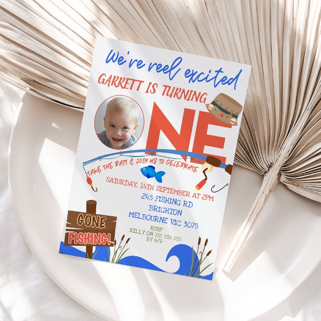 Boys Blue Fishing We're Reel Excited 1st Birthday Invitation (Boys Reel Excited 1st Birthday Invitation Template, Fishing Themed 1st Birthday Invitation, Photo)