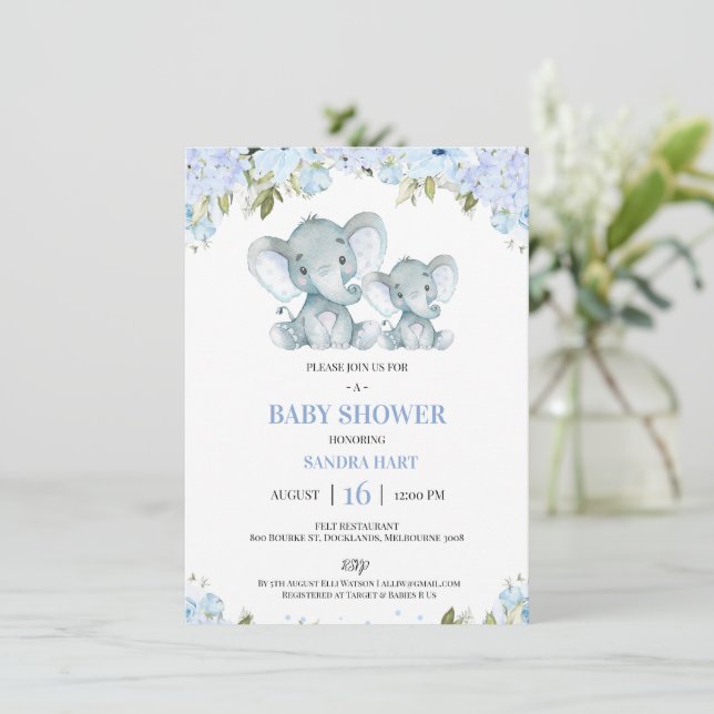 Boys blue Floral Elephand and Calf Baby Shower Invitation (Standing Front)