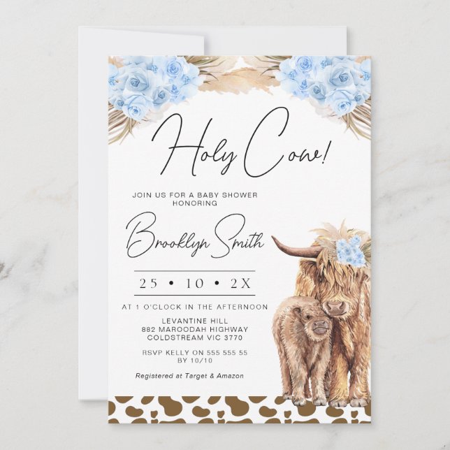 Boys Blue Floral Highland Cow Baby Shower  Invitation (Front)