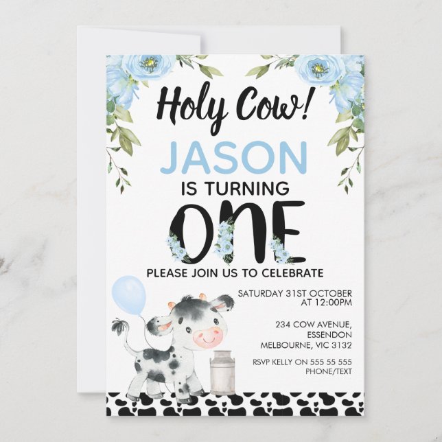 Boys Blue Floral Holy Cow Cow Print 1st Birthday Invitation (Front)