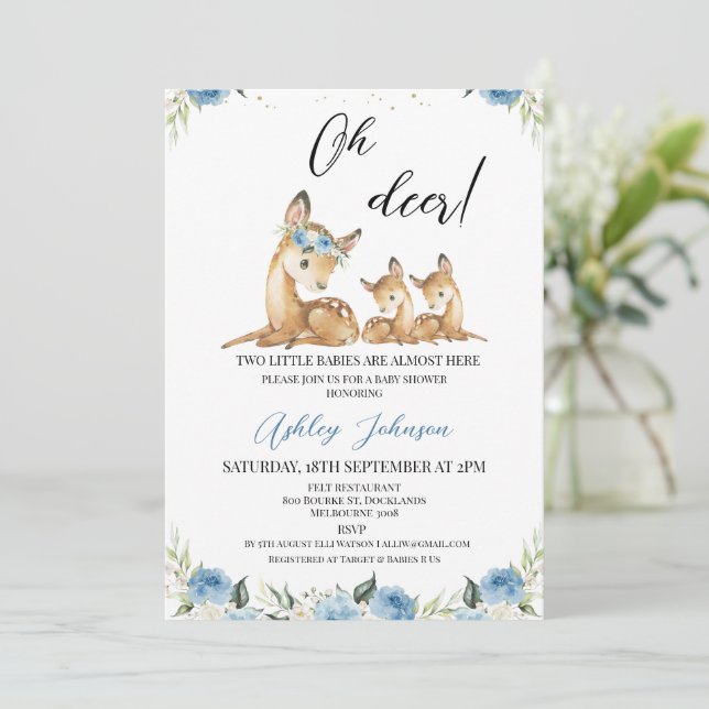 Boys Blue Floral Oh Deer Twins Baby Shower  Invitation (Standing Front)