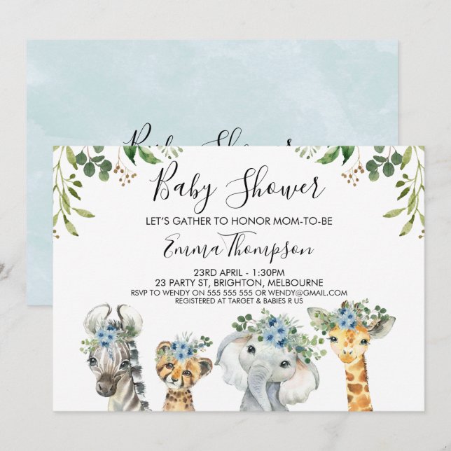 Boys Blue Floral Safari Animals Baby Shower Invitation (Front/Back)