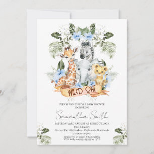 Boys Blue Floral Safari Wild One Baby Shower Invitation