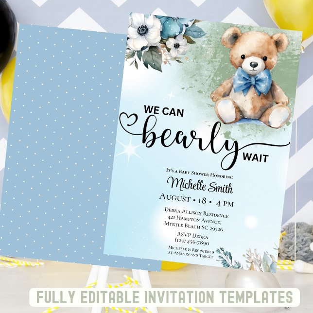 Boys Blue Floral Teddy Bear Baby Shower  Invitation (Creator Uploaded)