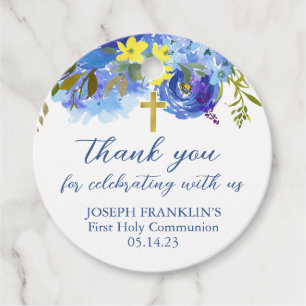 Boys Blue Floral Thank You Baptism Communion Favour Tags