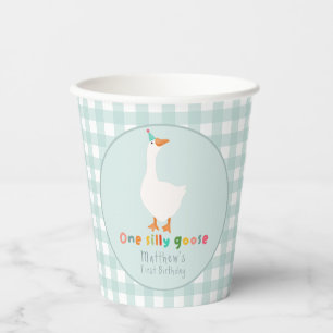 Boys Blue Gingham One Silly Goose 1st Birthday Paper Cups