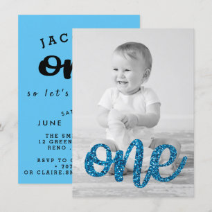 Boys Blue Glitter Photo First Birthday Invitation