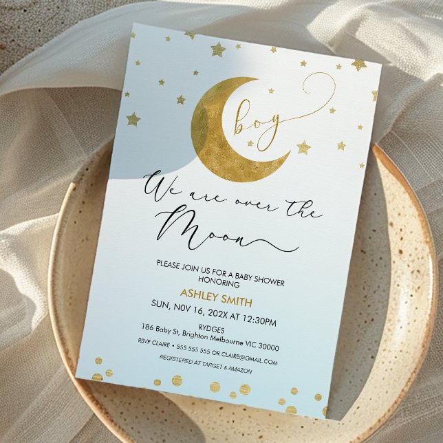 Boys Blue Gold We Are Over The Moon Baby Shower  Invitation (Boys We are Over the Moon Baby Shower Invitation Blue Gold Moon Themed Baby Shower Boy, Moon Stars)