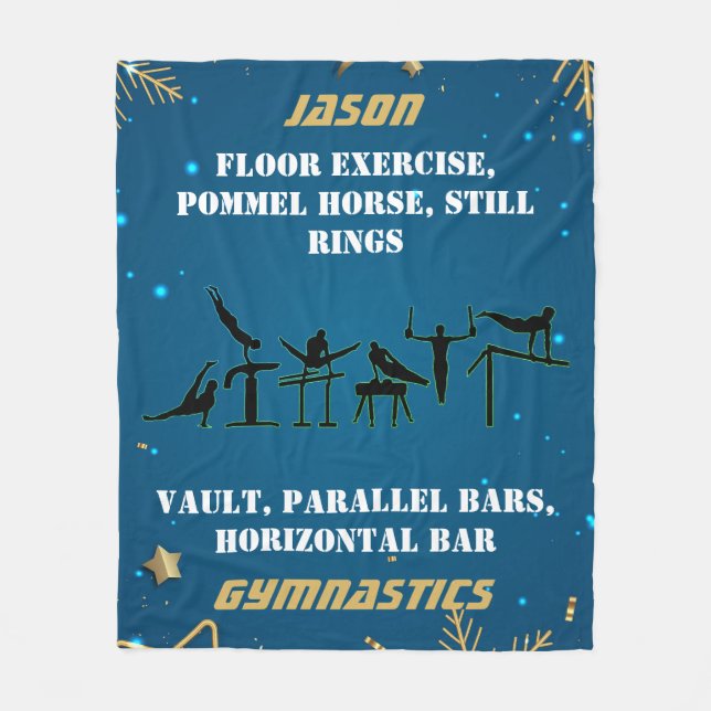 Boys Blue Gold Winter Gymnastics Personalised Fleece Blanket (Front)